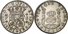 1745. Felipe V. México. MF. 8 reales. (Cal. 798). 27,01 g. Columnario. Encapsulada por la PCGS como AU58. Muy buena acuñación. Brillo original. Ex Her...
