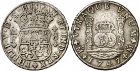 1747. Felipe V. México. MF. 8 reales. (Cal. 801). 26,77 g. Columnario. Escasa. MBC-.