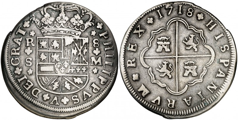 1718. Felipe V. Sevilla. M. 8 reales. (Cal. 936). 21,36 g. Armas de Borgoña mode...
