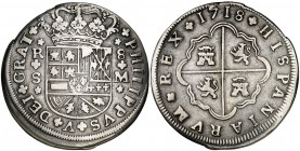 1718. Felipe V. Sevilla. M. 8 reales. (Cal. 936). 21,36 g. Armas de Borgoña modernas con tres flores de lis. Atractiva. Escasa así. MBC+.