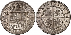 1735. Felipe V. Sevilla. AP. 8 reales. (Cal. 948). 26,88 g. Bella. Preciosa pátina. Parte de brillo original. Rara y más así. EBC+.