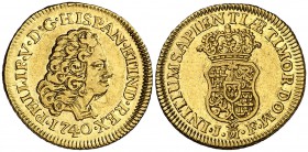 1740. Felipe V. Madrid. JF. 1 escudo. (Cal. 491). 3,32 g. Hojita en anverso, pero bella. Parte de brillo original. Rara y más así. (EBC-).
