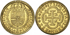 1721/19. Felipe V. Segovia. F. 8 escudos. (Cal. 152) (Cal.Onza 455). 26,87 g. Sirvió como joya. Muy rara. (MBC).