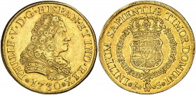 1730. Felipe V. Sevilla. 8 escudos. (Cal. 196) (Cal.Onza 528). 27,02 g. Sin ensayador. Leves marquitas. Bella. Brillo original. Rara y más así. EBC.