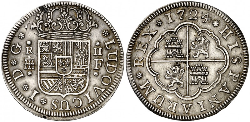 1724. Luis I. Segovia. F. 2 reales. (Cal. 41). 5,41 g. Buen ejemplar. Escasa. MB...