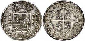 1724. Luis I. Segovia. F. 2 reales. (Cal. 41). 5,41 g. Buen ejemplar. Escasa. MBC+.