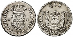 1757. Fernando VI. Lima. JM. 1/2 real. (Cal. 643). 1,65 g. Columnario. Sin punto sobre la marca de ceca. Escasa. MBC+.