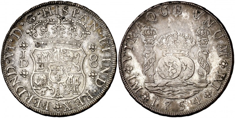 1754. Fernando VI. Lima. JD. 8 reales. (Cal. 310). 26,68 g. Columnario. Punto so...
