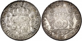1754. Fernando VI. Lima. JD. 8 reales. (Cal. 310). 26,68 g. Columnario. Punto sobre las dos LMA. Buen ejemplar. Muy escasa. MBC+.