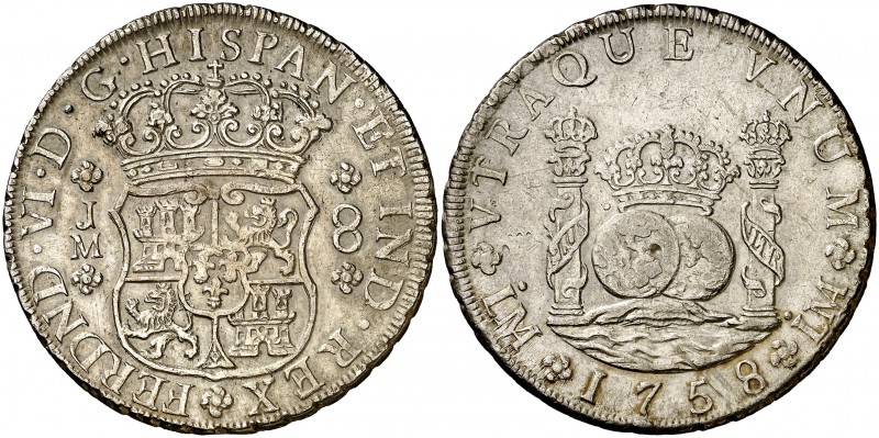 1758. Fernando VI. Lima. JM. 8 reales. (Cal. 318). 27,07 g. Columnario. Punto so...