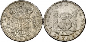 1758. Fernando VI. Lima. JM. 8 reales. (Cal. 318). 27,07 g. Columnario. Punto sobre las dos LMA. Ligera marca de punzón en reverso. Rara. MBC+/MBC.