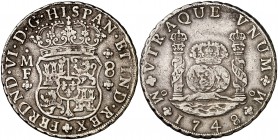 1748. Fernando VI. México. MF. 8 reales. (Cal. 323). 26,86 g. Columnario. MBC-.