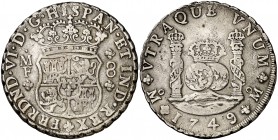 1749. Fernando VI. México. MF. 8 reales. (Cal. 324). 26,74 g. Columnario. MBC.
