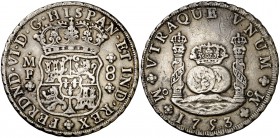 1753. Fernando VI. México. MF. 8 reales. (Cal. 331). 26,83 g. Columnario. Rayitas. MBC.