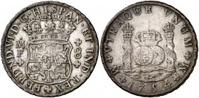 1754. Fernando VI. Mexico. MF. 8 reales. (Cal. 333). 26,76 g. Columnario. Dos coronas reales. Rayitas de acuñación. Escasa. MBC+.