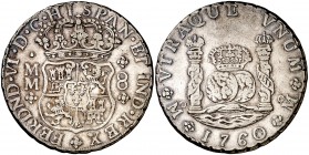 1760. Fernando VI. México. MM. 8 reales. (Cal. 346). 26,76 g. Columnario. Leves marquitas. Buen ejemplar. MBC+.