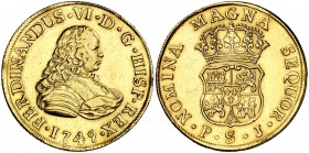 1749. Fernando VI. Sevilla. PJ. 4 escudos. (Cal. 142). 13,49 g. Sirvió como joya. Muy rara. (MBC+).