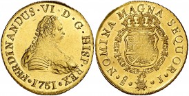 1751. Fernando VI. Santiago. J. 8 escudos. (Cal. 72) (Cal.Onza 644). 27 g. Bella. Brillo original. Rara así. S/C-.