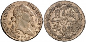 1784. Carlos III. Segovia. 4 maravedís. (Cal. 1909). 5,34 g. Bella. Parte de brillo original. Escasa así. EBC.