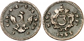 1755. Carlos III. Palermo. P-N. 3 picciolos. (Vti. 3) (MIR. 595). 2,36 g. Escasa. MBC+.