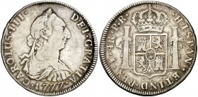 1777. Carlos III. Potosí. PR. 4 reales. (Cal. 1179). 13 g. Escasa. MBC-/MBC.