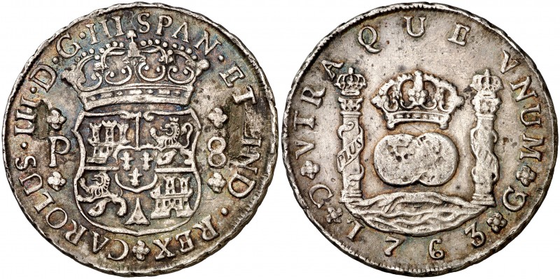 1763. Carlos III. Guatemala. P. 8 reales. (Cal. 812). 26,84 g. Columnario. Resto...