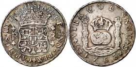 1763. Carlos III. Guatemala. P. 8 reales. (Cal. 812). 26,84 g. Columnario. Resto de soldaduras en anverso. Rara. (MBC-).
