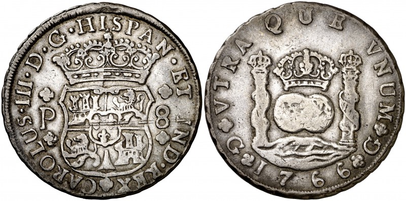 1766. Carlos III. Guatemala. P. 8 reales. (Cal. 815). 26,67 g. Columnario. Rara....