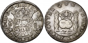 1766. Carlos III. Guatemala. P. 8 reales. (Cal. 815). 26,67 g. Columnario. Rara. MBC+/MBC.