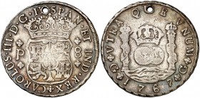 1767. Carlos III. Guatemala. P. 8 reales. (Cal. 816). 26,95 g. Columnario. Perforación. Rara. (MBC-).