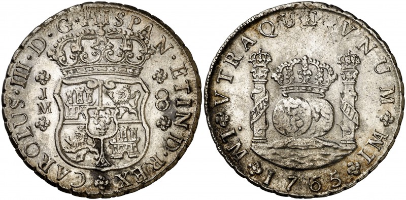 1765. Carlos III. Lima. JM. 8 reales. (Cal. 841). 26,95 g. Plata ligeramente agr...