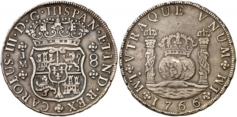 1766. Carlos III. Lima. JM. 8 reales. (Cal. 842). 27 g. Columnario. Punto soble ...