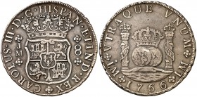 1766. Carlos III. Lima. JM. 8 reales. (Cal. 842). 27 g. Columnario. Punto soble la primera LMA. Leves marquitas. Escasa. MBC.