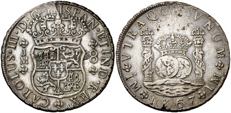 1767. Carlos III. Lima. JM. 8 reales. (Cal. 843). 26,80 g. Columnario. Punto sob...