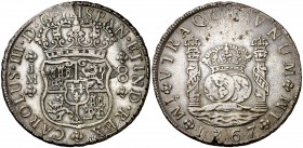 1767. Carlos III. Lima. JM. 8 reales. (Cal. 843). 26,80 g. Columnario. Punto sobre la primera LMA. Leves hojitas. Buen ejemplar. Escasa. (MBC+).