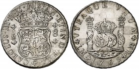 1769. Carlos III. Lima. JM. 8 reales. (Cal. 845). 26,71 g. Columnario. Dos coronas reales. Punto sobre la primera LMA. Escasa. (MBC).
