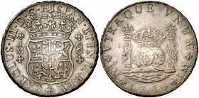 1769. Carlos III. Lima. JM. 8 reales. (Cal. 846). 26,93 g. Columnario. Punto sobre la primera LMA. Escasa y más así. EBC-.