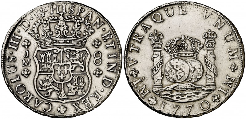 1770. Carlos III. Lima. JM. 8 reales. (Cal. 847). 26,75 g. Columnario. Punto sob...