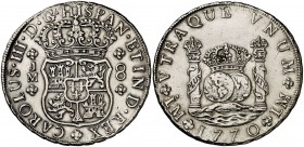 1770. Carlos III. Lima. JM. 8 reales. (Cal. 847). 26,75 g. Columnario. Punto sobre la primera LMA. Escasa. (MBC+).