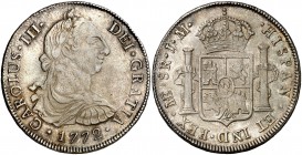 1772. Carlos III. Lima. JM. 8 reales. (Cal. 851). 26,89 g. Primer año de busto. Preciosa pátina. Buen ejemplar. Rara y más así. MBC+.