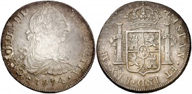 1774. Carlos III. Lima. MJ. 8 reales. (Cal. 855). 26,78 g. Pátina. MBC+.