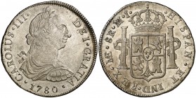 1780. Carlos III. Lima. MI. 8 reales. (Cal. 861). 26,91 g. Bella. Parte de brillo original. Escasa y más así. EBC-/EBC.