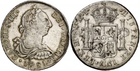 1781. Carlos III. Lima. MI. 8 reales. (Cal. 862). 26,83 g. Leves marquitas. Bonita pátina. Escasa. (MBC+).