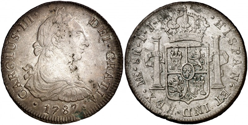 1787. Carlos III. Lima. IJ. 8 reales. (Cal. 872). 26,68 g. Leves hojitas. Manchi...
