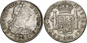 1788. Carlos III. Lima. IJ. 8 reales. (Cal. 873). 26,95 g. Leves rayitas. Buen ejemplar. Rara. MBC+.
