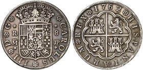 1762. Carlos III. Madrid. JP. 8 reales. (Cal. 875). 26,95 g. Leves golpecitos. Pátina. Rara. MBC/MBC+.