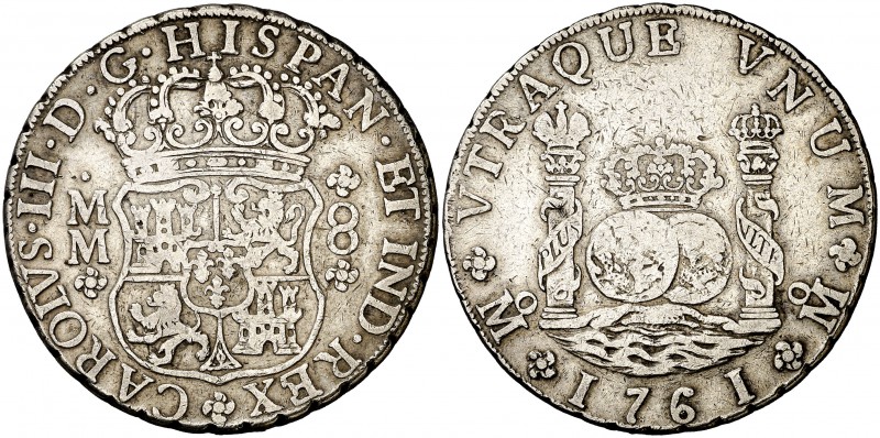 1761. Carlos III. México. MM. 8 reales. (Cal. 888). 26,64 g. Columnario. Rayitas...