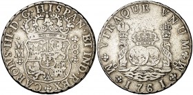 1761. Carlos III. México. MM. 8 reales. (Cal. 888). 26,64 g. Columnario. Rayitas. (MBC-).