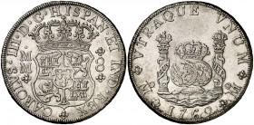 1762. Carlos III. México. MM. 8 reales. (Cal. 891). 27,03 g. Columnario. Buen ejemplar. MBC+.