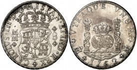 1762. Carlos III. México. MM. 8 reales. (Cal. 891). 26,98 g. Columnario. Atractiva. Muy escasa así. EBC-.